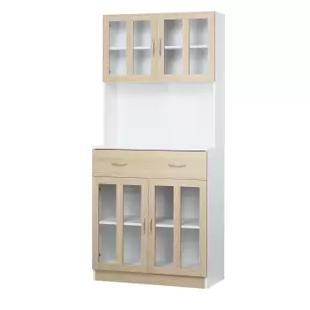 HOMCOM Bufet de Bucatarie 180cm cu Usi din Sticla, Bufet cu Structura din Lemn, Sertare si Dulapuri, Alb imagine