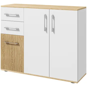 HOMCOM Bufet de Bucatarie cu 2 Sertare 2 Dulapuri si Rafturi Ajustabile pentru Sufragerie 90x30x75,5 cm Alb si Natural | Aosom Romania imagine