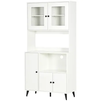 HOMCOM Bufet de bucatarie cu 3 dulapuri, nise, rafturi reglabile, usi vitrate, pasa-cablu, 90x40x180cm, alb | Aosom Romania imagine