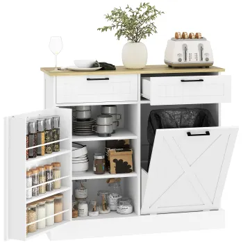 HOMCOM Bufet de bucatarie cu compartiment cos 38 L, mobilier depozitare bucatarie, 2 sertare, suport condimente si blat, alb | Aosom Romania imagine