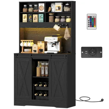 HOMCOM Bufet de Bucatarie cu Suport pentru Sticle, Priza si Iluminare LED, Negru | Aosom Romania imagine