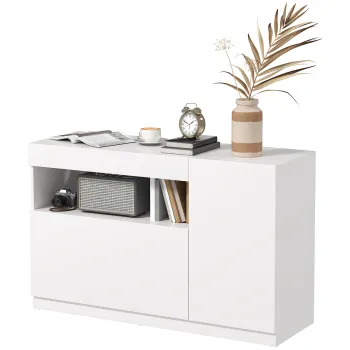 HOMCOM Bufet de Bucatarie cu Usi Amortizate, 2 Dulapuri, Raft Deschis, si 2 orificii pentru cabluri, 120x40x75 cm, Alb | Aosom Romania imagine