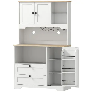 HOMCOM Bufet de Bucatarie Inalt 162 cm, Mobilier de Depozitare cu 2 Dulapuri, 2 Sertare, Suport Condimente, Orificii pentru Cabluri, Rafturi Reglabile, Blat pentru Cuptor cu Microunde, Suporturi pentru Cesti, Alb | Aosom Romania imagine