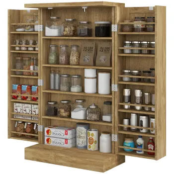 HOMCOM Bufet de bucatarie mobilier de bucatarie de depozitare cu 12 rafturi la usi rafturi reglabile 60 x 30 x 104 cm efect lemn natural | Aosom Romania imagine