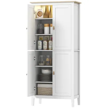 HOMCOM Bufet de bucatarie, mobilier de bucatarie de depozitare inalt cu LED reglabil si senzor de miscare, 80 x 40 x 176,5 cm, alb | Aosom Romania imagine