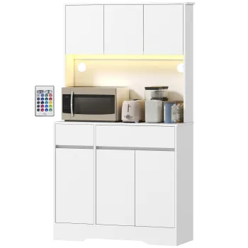 HOMCOM Bufet de bucatarie mobilier de bucatarie inaltat cu lumina LED RGB, blat de lucru, 6 usi, 2 sertare, alb | Aosom Romania imagine