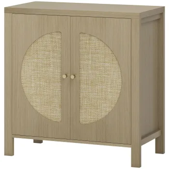 HOMCOM Bufet de bucatarie, mobilier de depozitare cu 2 usi cu efect ratan si raft reglabil, 75 x 38 x 77 cm, lemn natural | Aosom Romania imagine