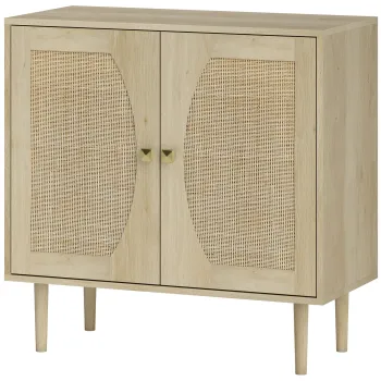 HOMCOM Bufet de bucatarie, mobilier de depozitare cu doua usi si 2 niveluri, fatada din cannage, 80 x 38 x 79 cm efect lemn natural | Aosom Romania imagine
