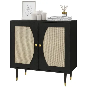 HOMCOM Bufet de bucatarie mobilier de depozitare design boem cu dubla usi si 2 nivele, fatada din rachita 80 x 38 x 79 cm negru | Aosom Romania imagine