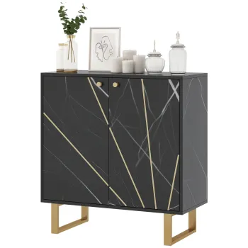 HOMCOM Bufet de depozitare cu 2 usi si raft reglabil, picioare din metal 76 x 35 x 77 cm ton marmura neagra | Aosom Romania imagine