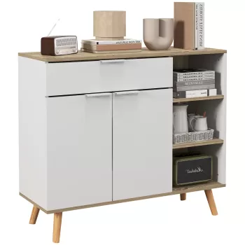 HOMCOM Bufet de Depozitare Modern cu Sertar, Usi cu Inchidere cu Amortizare, 3 Compartimente Deschise si Rafturi Reglabile, Dulap de Bucatarie Alb imagine