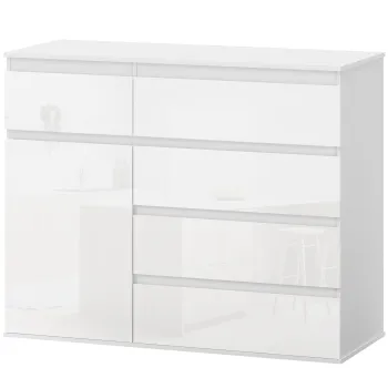 HOMCOM Bufet de living cu 5 sertare, polite reglabile, usa cu inchidere silentioasa, 100x40x80 cm, Alb lucios | Aosom Romania imagine