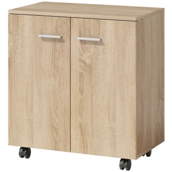 HOMCOM Bufet de living cu roti 2 usi si rafturi pentru living, dormitor, birou 60x35x65 cm Natural | Aosom Romania imagine