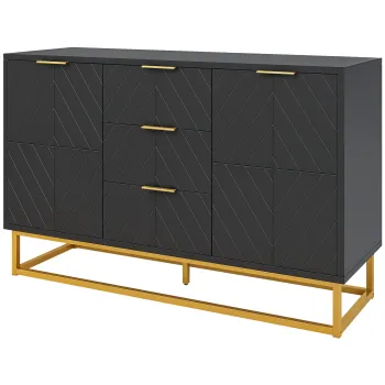 HOMCOM Bufet design contemporan grafic 2 dulapuri usa rafturi reglabile 3 sertare glisante din lemn negru metal aur | Aosom Romania imagine