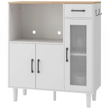 HOMCOM Bufet dulap de bucatarie cu sertar, 2 dulapuri, compartiment deschis, usa acrilica nervurata 80 x 34 x 91 cm Alb+Stejar | Aosom Romania imagine
