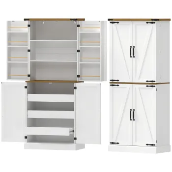 HOMCOM Bufet inalt bucatarie, dulap de bucatarie, 4 usi, 3 sertare, 8 suporturi pentru condimente si etajere reglabile, 76x40x182cm, alb | Aosom Romania imagine