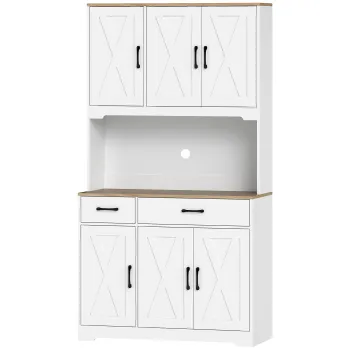 HOMCOM Bufet inalt bucatarie dulap de bucatarie cu 6 usi 2 sertare blat rafturi reglabile 94x39,5x175,2cm alb | Aosom Romania imagine