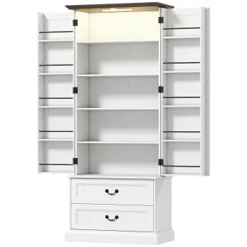 HOMCOM Bufet inalt bucatarie, dulap de bucatarie, LED cu senzor, 2 usi, sertare si rafturi reglabile, 76x39,5x183cm, alb | Aosom Romania imagine