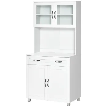 HOMCOM Bufet Inalt de Bucatarie cu Raft pentru Cuptor, Sertar, Usi de Sticla si Rafturi Reglabile, 80x48x170 cm, Alb | Aosom Romania imagine