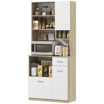 HOMCOM Bufet Inalt de Bucatarie cu Sertar, 3 Dulapuri si 4 Compartimente Deschise, 80x35x180 cm, Alb | Aosom Romania imagine