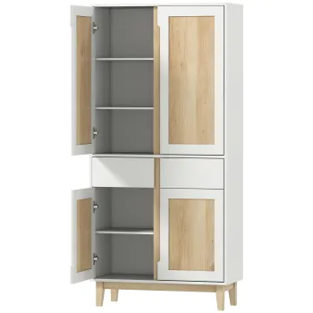 HOMCOM Bufet inalt de bucatarie, dulap de bucatarie cu 4 usi, 2 sertare si rafturi reglabile, 80x35x170cm, alb si stejar | Aosom Romania imagine