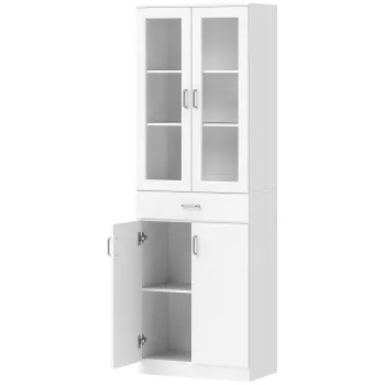 HOMCOM Bufet inalt pentru bucatarie, dulap de bucatarie, 4 usi dintre care 2 din sticla, sertare, etajere reglabile, 60x35x180cm, alb | Aosom Romania imagine