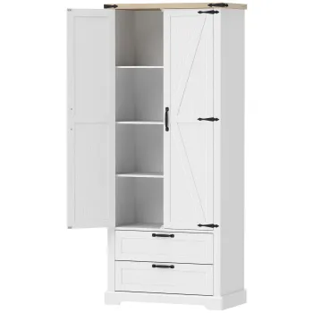 HOMCOM Bufet inalt pentru bucatarie, dulap de bucatarie cu 2 usi, 2 sertare, rafturi reglabile, stil rustic, 76x40x180cm, alb | Aosom Romania imagine