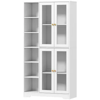 HOMCOM Bufet inalt pentru bucatarie, vitrina bufet cu 4 usi cu inchidere silentioasa din sticla securizata, 90x35x172cm, alb | Aosom Romania imagine