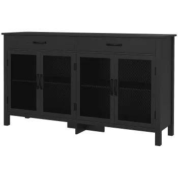 HOMCOM Bufet jos mobilier de depozitare 4 usi cu polite reglabile si 2 sertare stil industrial 150 x 40 x 85 cm negru | Aosom Romania imagine