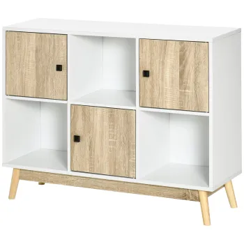 HOMCOM Bufet living, mobilier de depozitare 9 cuburi cu 3 usi si 3 compartimente deschise, picioare din lemn de pin, stil modern, bufet pentru sala de mese, bucatarie si living, 96 x 30 x 75 cm, alb, natural | Aosom Romania imagine