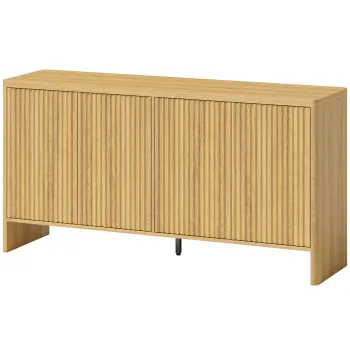 HOMCOM Bufet living, mobilier de depozitare cu 4 usi canelate, raft reglabil, deschidere prin apasare, 147x40x77cm, stejar | Aosom Romania imagine