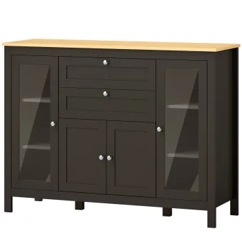 HOMCOM Bufet mobilier de depozitare 1 dulap cu usi duble 2 dulapuri cu usi din sticla 2 sertare raft reglabil 120x40x90cm negru | Aosom Romania imagine