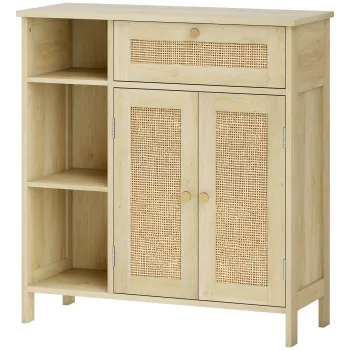 HOMCOM Bufet, mobilier de depozitare, 2 usi din ratan, sertar, nise deschise, polite reglabile, 75x30x79,5cm, lemn natural | Aosom Romania imagine