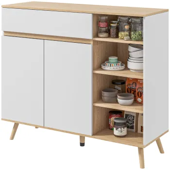 HOMCOM Bufet mobilier de depozitare bucatarie stil scandinav 1 placard dubla usa 1 sertar si 4 nise rafturi reglabile alb | Aosom Romania imagine