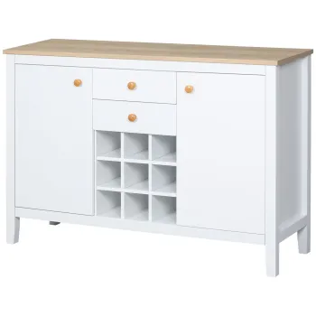 HOMCOM Bufet mobilier de depozitare cu 2 sertare, 2 usi rafturi reglabile si suport pentru sticle pentru 9 sticle, alb | Aosom Romania imagine