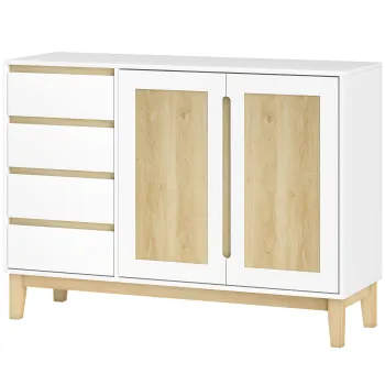 HOMCOM Bufet, mobilier de depozitare cu 2 usi si 4 sertare, raft reglabil, 120 x 40 x 86 cm, alb si stejar | Aosom Romania imagine