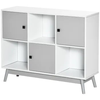 HOMCOM Bufet, mobilier de depozitare cu 3 usi si 3 compartimente deschise, picioare din lemn de pin, 96x30x75cm, alb si gri | Aosom Romania imagine