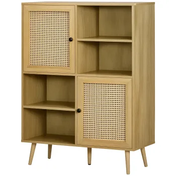 HOMCOM Bufet mobilier de depozitare dulap inalt aspect lemn si rachita design 2 usi - dim. 90L x 32,5l x 120I cm | Aosom Romania imagine