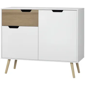 HOMCOM Bufet Mobilier de depozitare pe picior de tip scandinav cu dulapuri pentru Baie, sufragerie, Bucatarie, Picioare din lemn masiv de pin - Alb - dim. 98L x 39l x 81.5H cm | Aosom Romania imagine