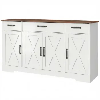 HOMCOM Bufet, mobilier de depozitare pentru bucatarie in stil rustic cu 4 usi tip hambar, 3 sertare, etajere reglabile, alb | Aosom Romania imagine