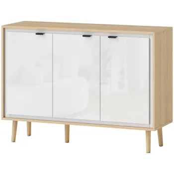 HOMCOM Bufet Modern cu 3 Usi si Raft Reglabil 107x35x77cm Alb si Stejar | Aosom Romania imagine