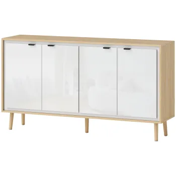 HOMCOM Bufet Modern cu 4 Usi si Raft Reglabil 141x35x77cm Alb si Stejar | Aosom Romania imagine