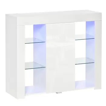 HOMCOM Bufet Modern cu Usa si Lumini LED cu Finisaj Lucios si Rafturi din Sticla, Dulap Mutifunctional 97x35x83cm, Alb Modern imagine