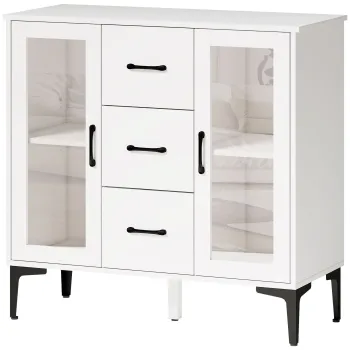 HOMCOM Bufet modern cu usi Soft-Close, bufet cu 3 sertare, 2 usi din sticla, rafturi reglabile, MDF, Alb | Aosom Romania imagine