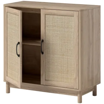 HOMCOM Bufet pentru living, mobilier de depozitare cu 2 usi din ratan, polita reglabila si margini rotunjite, 76 x 35 x 75,5 cm, stejar | Aosom Romania imagine
