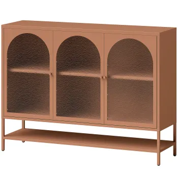 HOMCOM Bufet pentru living, mobilier de depozitare cu 3 usi vitrate arcuite si raft deschis, 140 x 40 x 105 cm, ruginiu | Aosom Romania imagine