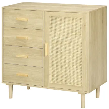 HOMCOM Bufet rotin cu dulapuri cu usa cannage si 4 sertar, 80 x 38 x 80,5 cm, efect lemn natural | Aosom Romania imagine