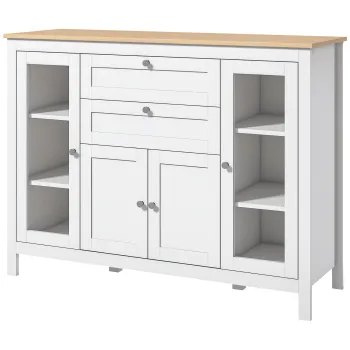 HOMCOM Bufet Sali de Mese cu 2 Usi din Sticla, Mobilier cu Rafturi Reglabile 2 Sertare 1 Dulap, Stil Modern, 120 x 40 x 90 cm, Lemn Natural si Alb | Aosom Romania imagine