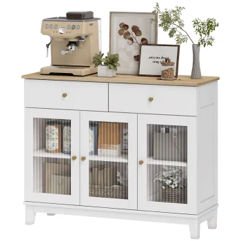 HOMCOM Bufet salon cu 2 dulapuri cu usi din sticla temperata canelata, 2 sertare si rafturi reglabile, 100 x 35 x 80,3 cm, alb | Aosom Romania imagine