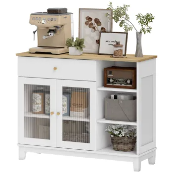 HOMCOM Bufet salon cu dulap cu usi din sticla securizata nervurata, sertar, 3 compartimente deschise si rafturi reglabile, alb | Aosom Romania imagine